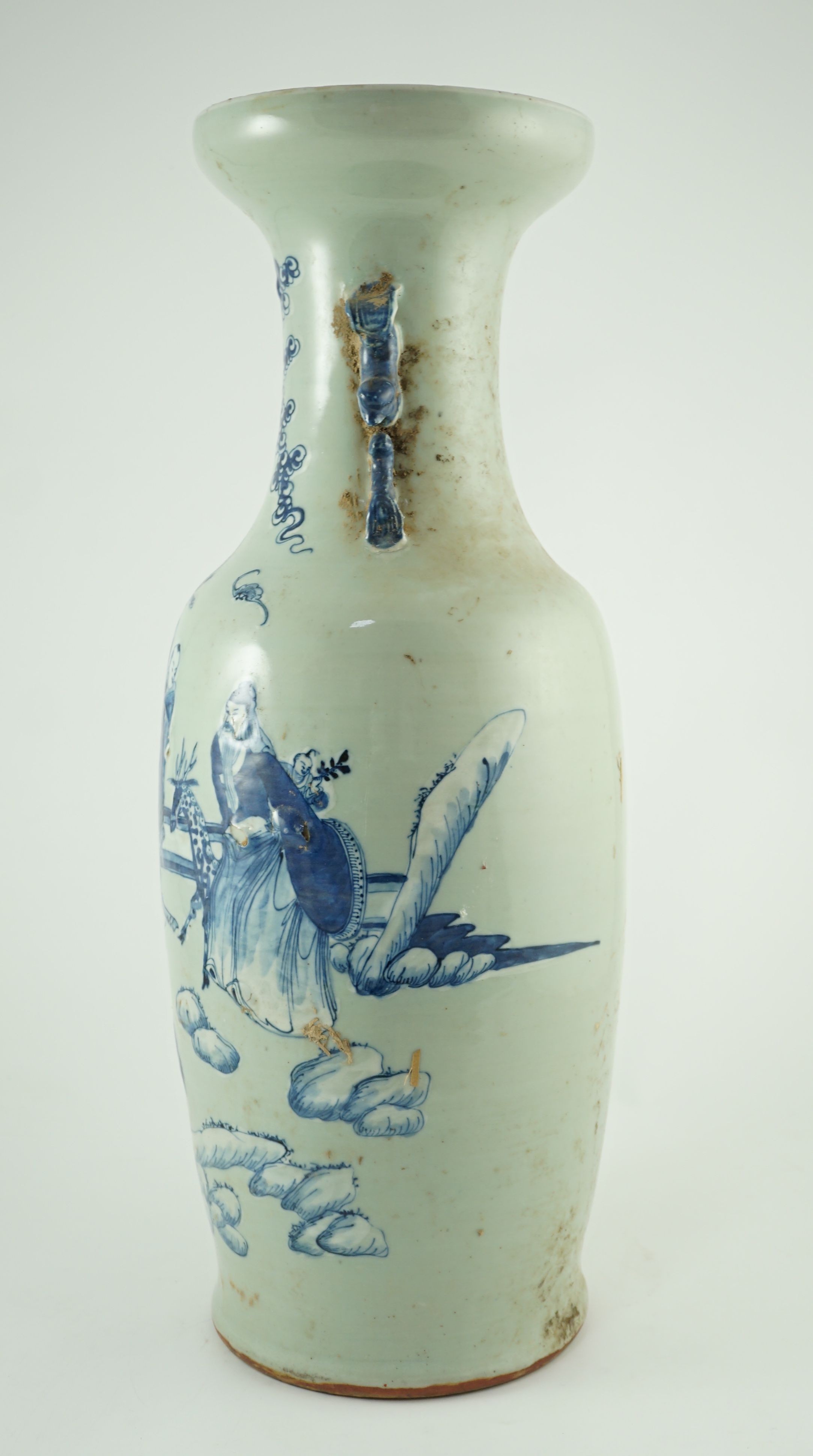 A large Chinese blue and white celadon ground vase, 19th century, rim chip and hairline crack